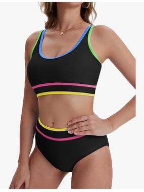 Women’s Black Two-Piece Swim Set with Neon Trim NEW LARGE